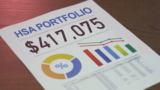 A printed HSA portfolio statement shows a $455,307 balance with charts indicating recent negative growth, highlighting the unpredictability of health savings account investing. 14948  	