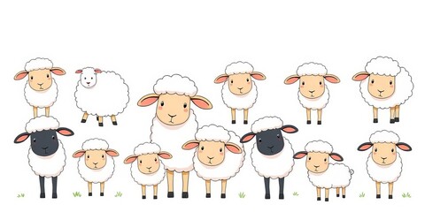 A whimsical collection of hand-drawn sheep, varying in size and pose, with simple, bold outlines and playful expressions,  vector,  hand-drawn