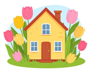 Cheerful, cartoon home with colorful tulips in garden, set against a soft blue sky