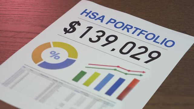 A health savings account portfolio sheet showing a rising balance, colorful charts, and financial trends, illustrating growth potential in HSA investing. 14949  	