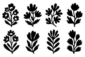 Set of black folk art style flowers, collection of simple decorative plant and leaf silhouettes