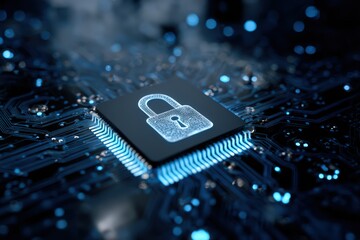 Digital padlock emblem glowing on a microchip, representing data security