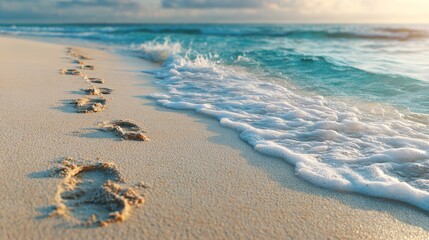 Footprints in the sand near the ocean waves on a sunny day.
