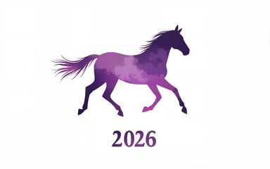 Purple watercolor horse silhouette on white background with "2026" text, minimalist happy new year card design. Elegant flat vector illustration with simple shapes, ample white space. High quality