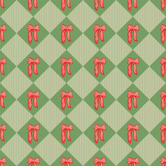 Preppy coquette bow rhombus diamond Christmas seamless pattern wrapping paper, fabric, textile