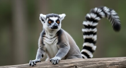 Obraz premium Ring-tailed lemur rests on a branch with a blurred green background.