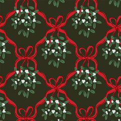 Preppy mistletoe christmas floral coquette bow Christmas seamless pattern wrapping paper, fabric