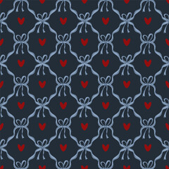 Flirty Preppy coquette bow heart damask seamless pattern textile, baby clothes, wallpaper, wrapping