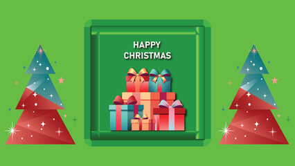 A festive illustration featuring christmas trees gifts and a holiday message