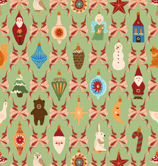 Preppy coquette ribbon bow Christmas toys ornament Damask seamless pattern wrapping, fabric, textile