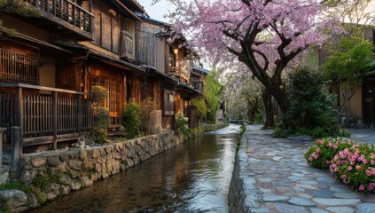 Historic waterside street lined with wooden buildings and blooming cherry trees