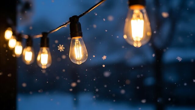 String lights glowing in the winter night with snowflakes falling creating a festive atmosphere outdoors