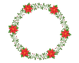 Poinsettia Wreath Frame. Christmas winter red flower painted by watercolor. Frame for greeting card, poster, flyer and banner.	