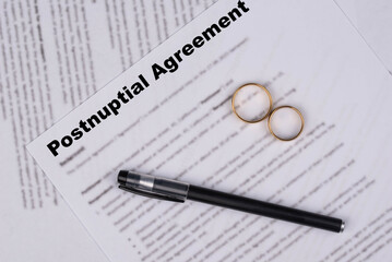 Postnuptial Marriage contract, Marital Settlement Separation Agreement  paper document symbolizing divorce, prenuptial contract, prenup, breakup for Canada, USA, United Kindom (UK).