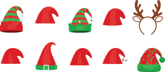 Vector Illustration Set of Festive Christmas Elf Hats and Reindeer Antlers Headband, Featuring Red, Green, and Striped Designs for Holiday Costumes, Accessories, and Celebration Graphics