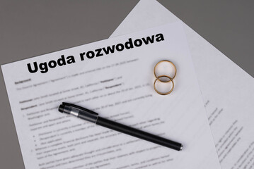 Ugoda rozwodowa in Polish or Marital Settlement Separation Divorce Agreement paper document, symbolizing divorce, prenuptial contract, prenup, breakup for Poland.