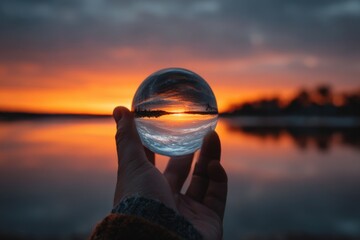 Hand holds crystal ball with sunset reflected inside, casting orange and blue hues