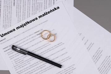 Umowa majatkowa malzenska in Polish or Marriage contract, Marital Settlement Separation Divorce Agreement paper document, symbolizing divorce, prenuptial contract, prenup, breakup for Poland.