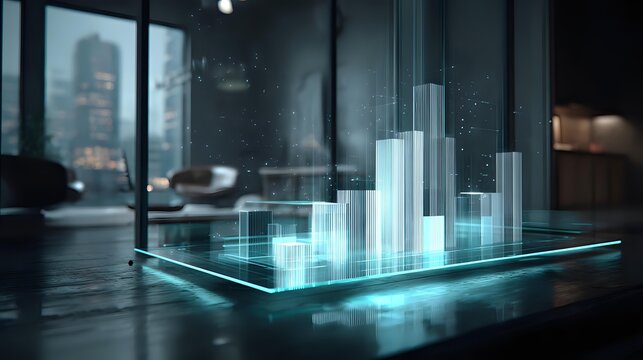 Holographic 3D bar graph on a tablet futuristic technology concept for business analytics and data visualization in a modern office setting