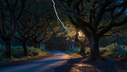 Winding road through dark forest with lightning strike.