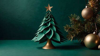 Minimal paper-cut Christmas tree on emerald paper with luxury ornaments, dramatic side shadow, modern festive style.
