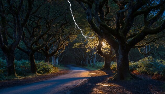 Winding road through dark forest with lightning strike.