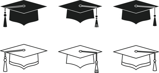 Vector Icon Set of Graduation Mortarboard Caps with Tassels, Featuring Solid Black Silhouette and Outline Styles, Ideal for Academic Success, Education, and Commencement Ceremony Graphics