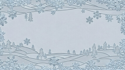 Embossed Winter Frame Background with Snowflakes and Pine Trees. Festive Holiday Border Template