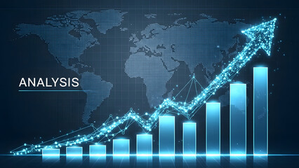 Digital glowing arrow graph shows upward trend with world map background and analysis word
