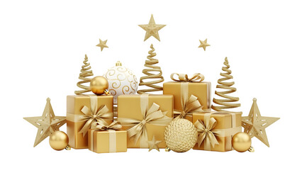 Golden christmas gifts and ornaments isolated on transparent background