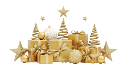 Golden christmas gifts and ornaments isolated on transparent background