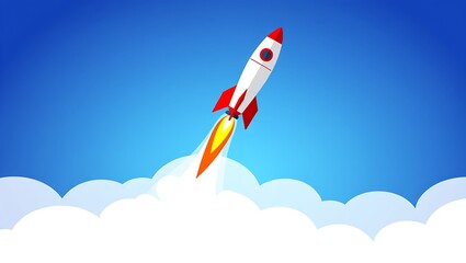 Startup rocket launch into a bright blue sky with white clouds