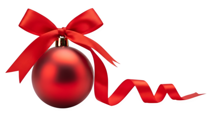 Red christmas ornament with ribbon isolated on transparent background