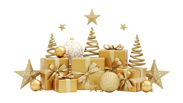 Golden christmas gifts and ornaments isolated on transparent background