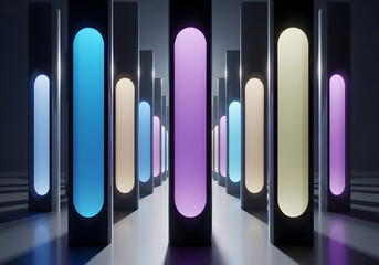 Symmetrical floating hollow pillars with smooth gradient interiors in modern abstract style.