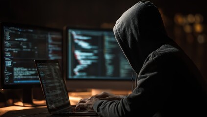 Hooded figure in darkness types on laptop, code glows on screens