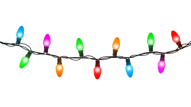 Colorful christmas lights string isolated on transparent background
