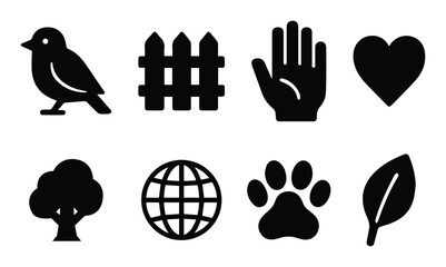 Wildlife Icon Set. Wildlife Welfare Collection silhouette icon set: paw print, tree, heart, globe, hand, bird, leaf, fence. Wildlife Icon. vector illustration eps file. 
