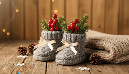 Cozy knitted baby booties decorated with festive pine and red berries on a rustic wooden background with warm bokeh lights.