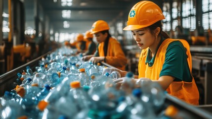 Workers sorting plastic bottles and containers on conveyor belt at recycling factory representing waste management environmental sustainability and authentic industrial process