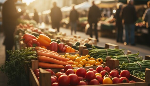 Vibrant fresh vegetables (carrots, tomatoes, peppers) in wooden crates at a bustling farmers market