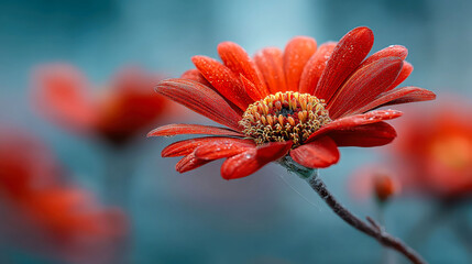 A close up of a red flower with dew drops on it. The flower is the main focus of the image, and the dew adds a sense of freshness and tranquility to the scene
