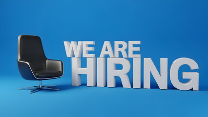 Empty office chair next to large white text that says we are hiring