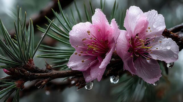 Two pink flowers are on a branch, with droplets of water on them. Concept of freshness and beauty, as the flowers are in full bloom - Powered by Adobe