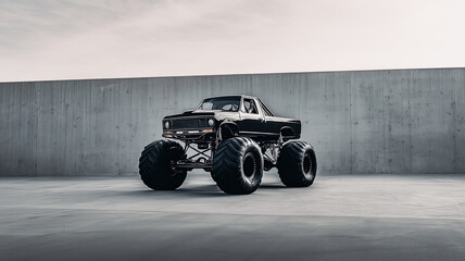 Shiny black monster truck on a flat concrete surface with massive tires, reflective bodywork, lifted chassis, chrome accents, and minimal industrial background
