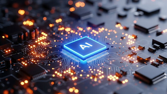 Glowing ai chip at the center of a futuristic circuit board with orange lights