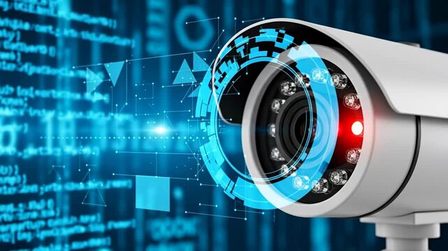 Security camera with digital overlay modern surveillance technology for safety and protection isolated on a blue background 4K Video