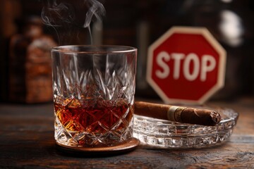 A cut crystal glass of amber liquor sits beside a lit cigar in an ashtray with a stop sign in soft focus behind