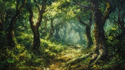 Fototapeta premium Lush green forest scene with winding path and dappled sunlight environment
