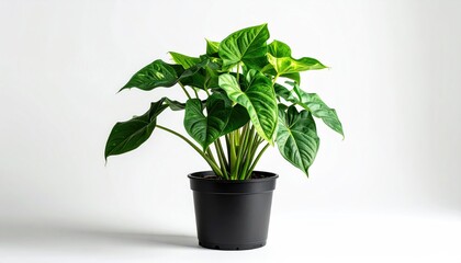 Fototapeta premium Lush green leafy plant in a black pot on white backdrop